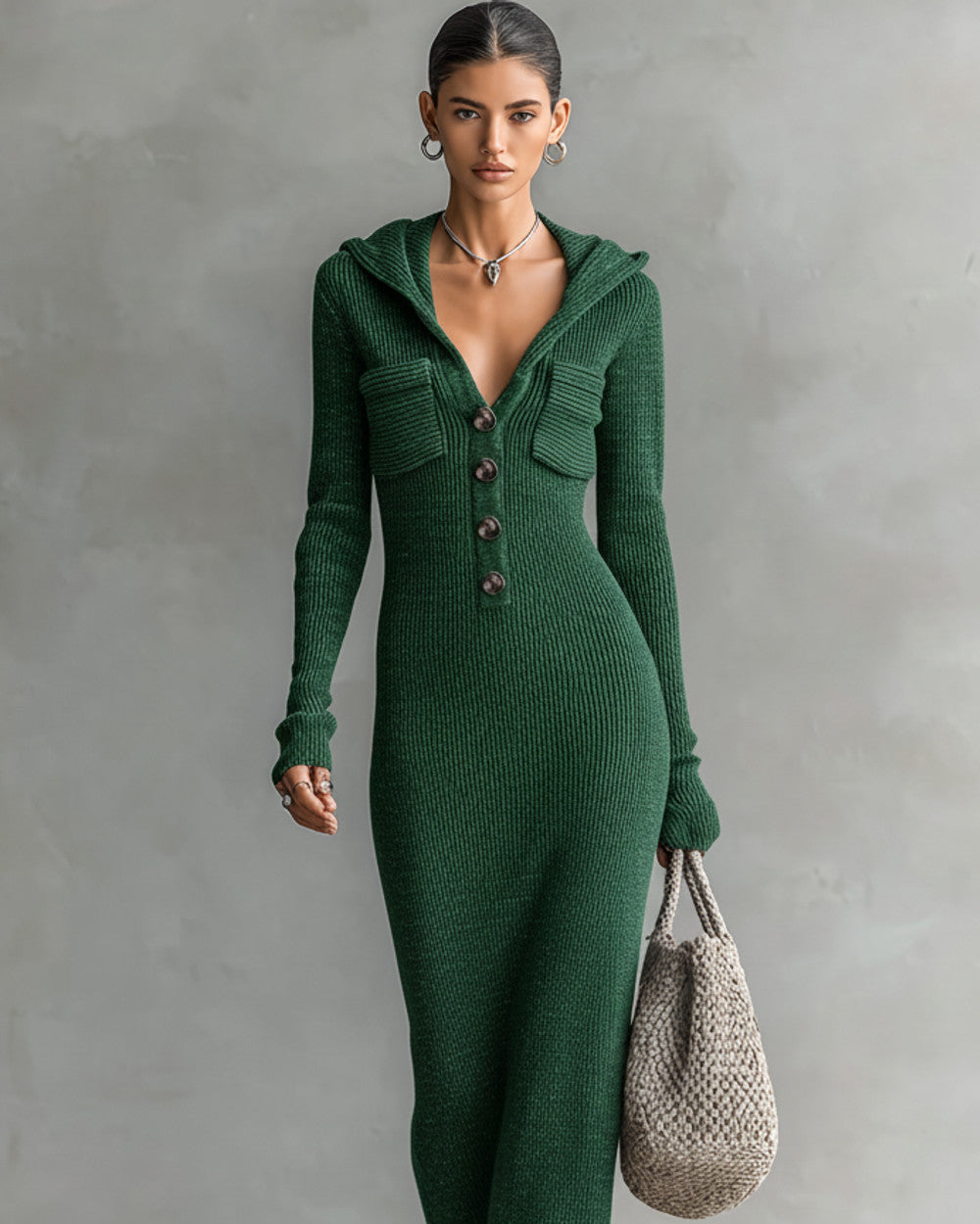 Lena Gestricktes Kapuzen-Maxikleid
