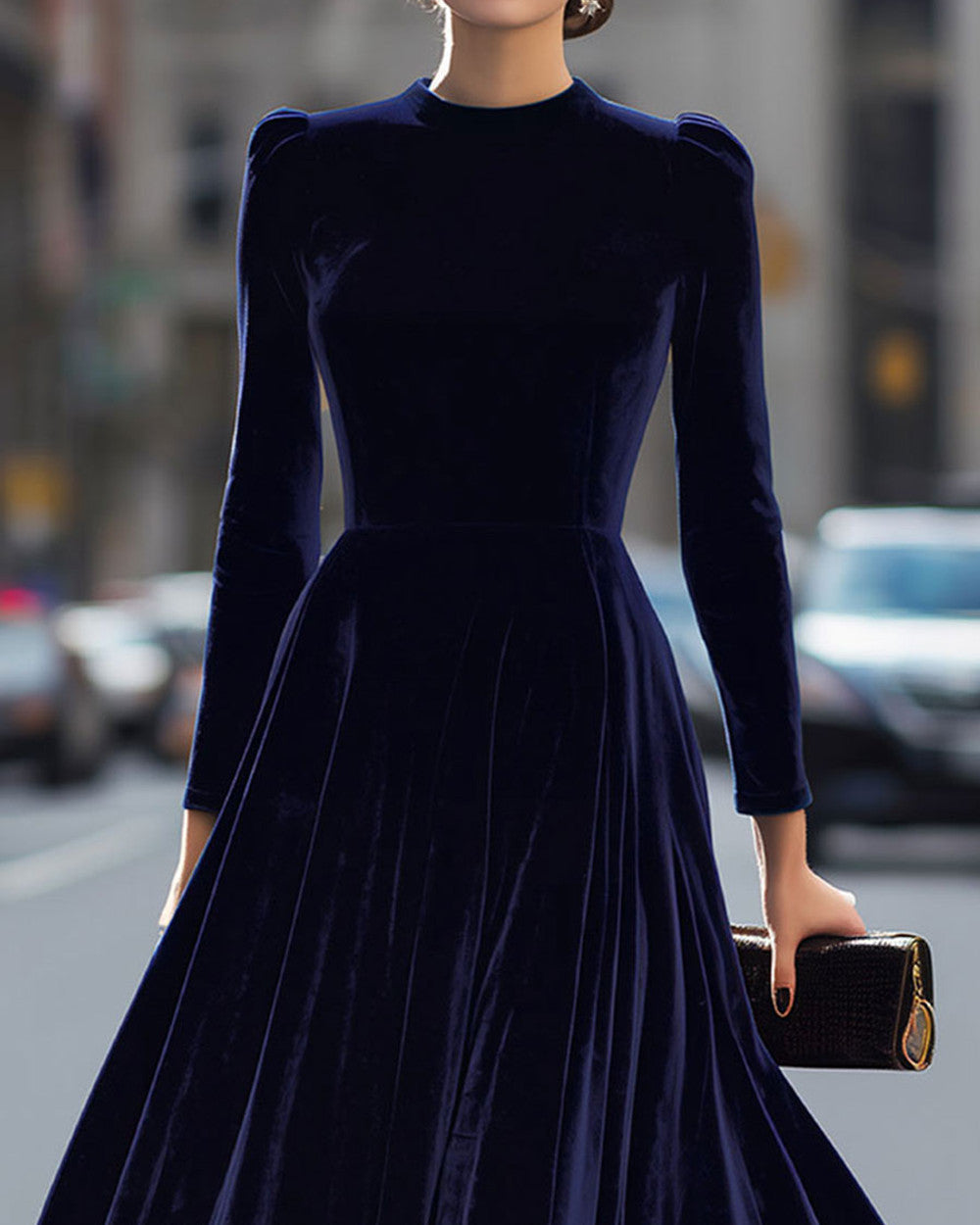 Lena Samt Langarm Midi Kleid Damen