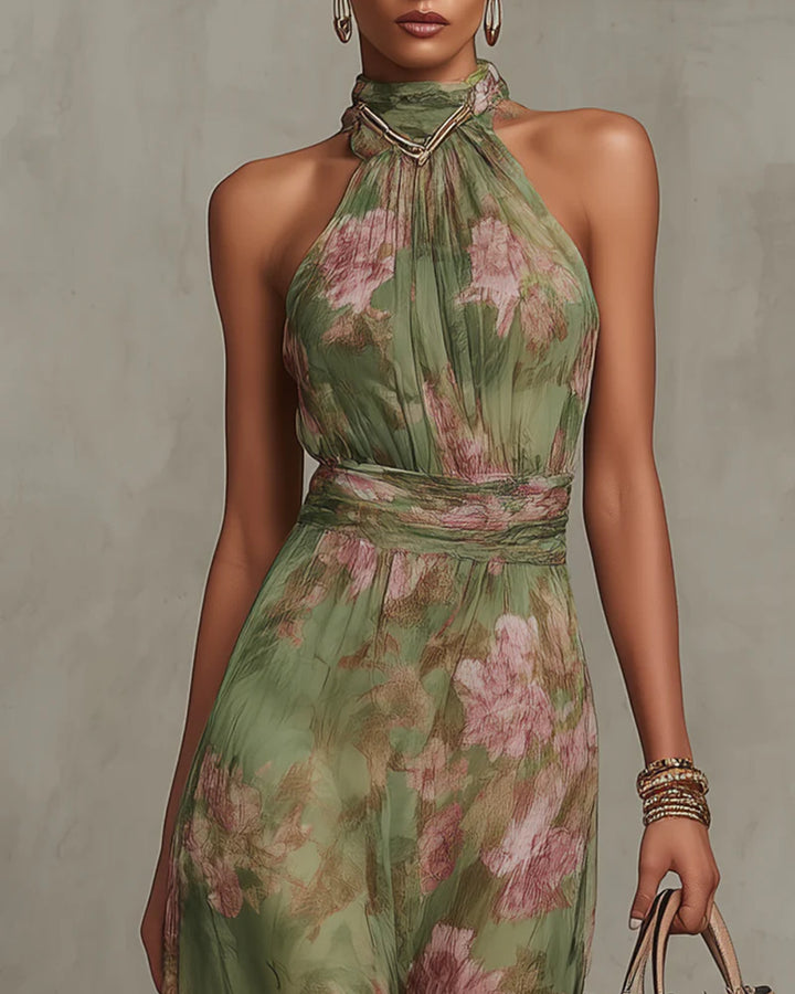 Emma Grünes Blumen Chiffon Maxikleid