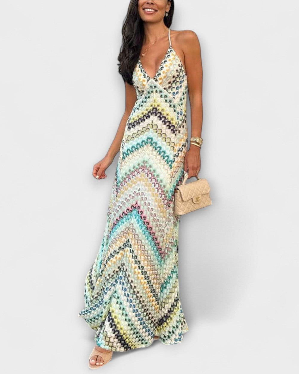 Lena Fischgrätmuster Maxikleid Damen
