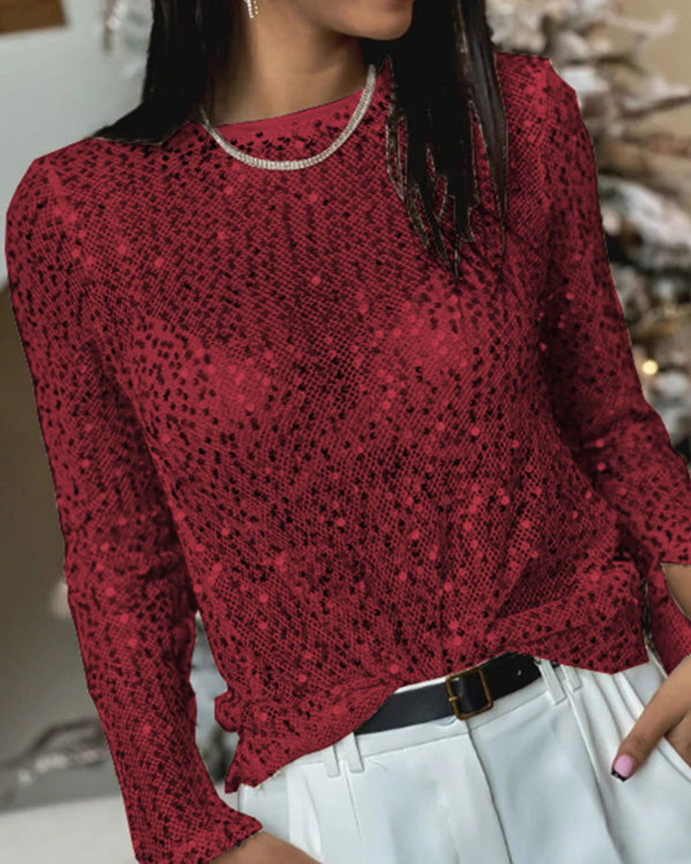 Lena Pailletten Langarm Bluse Damen