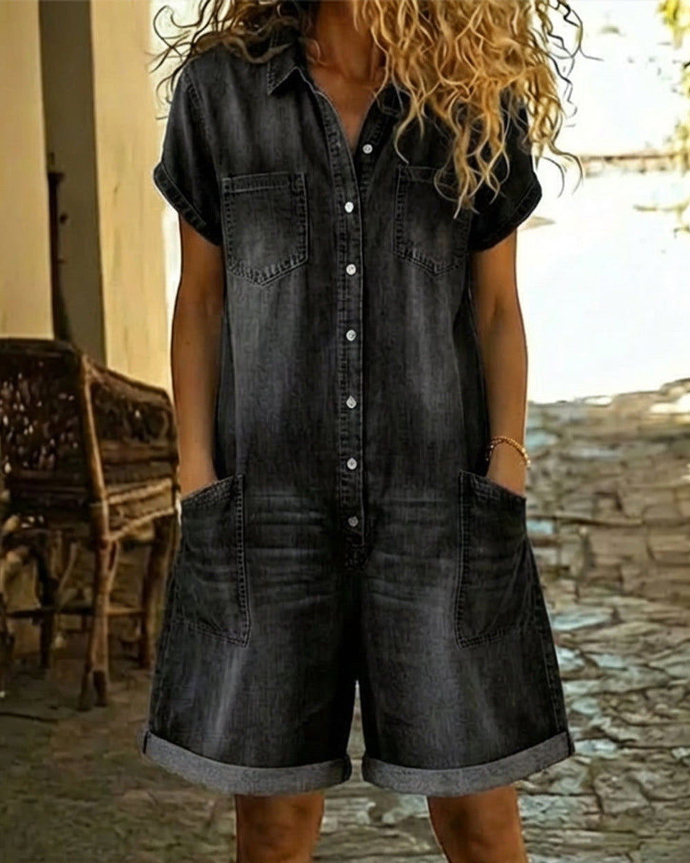 Lena Kurzgröße Einteiler Baumwolle Jeans