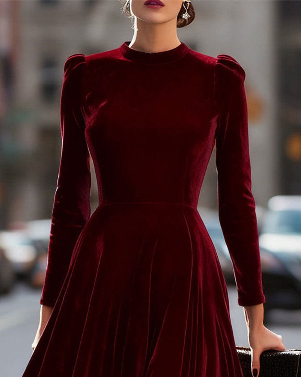 Lena Samt Langarm Midi Kleid Damen