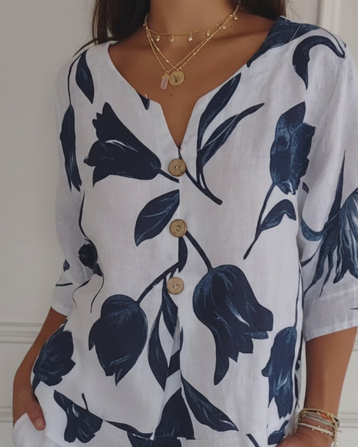 Lara Blumen V-Ausschnitt Bluse Damen