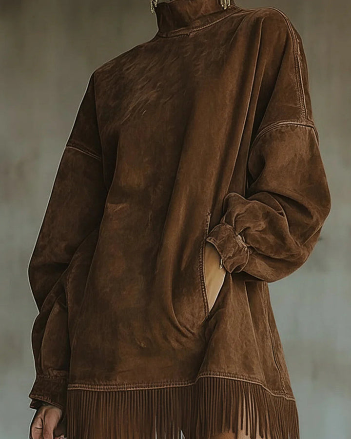 Lena Kunstwildleder Rollkragenkleid Fransen
