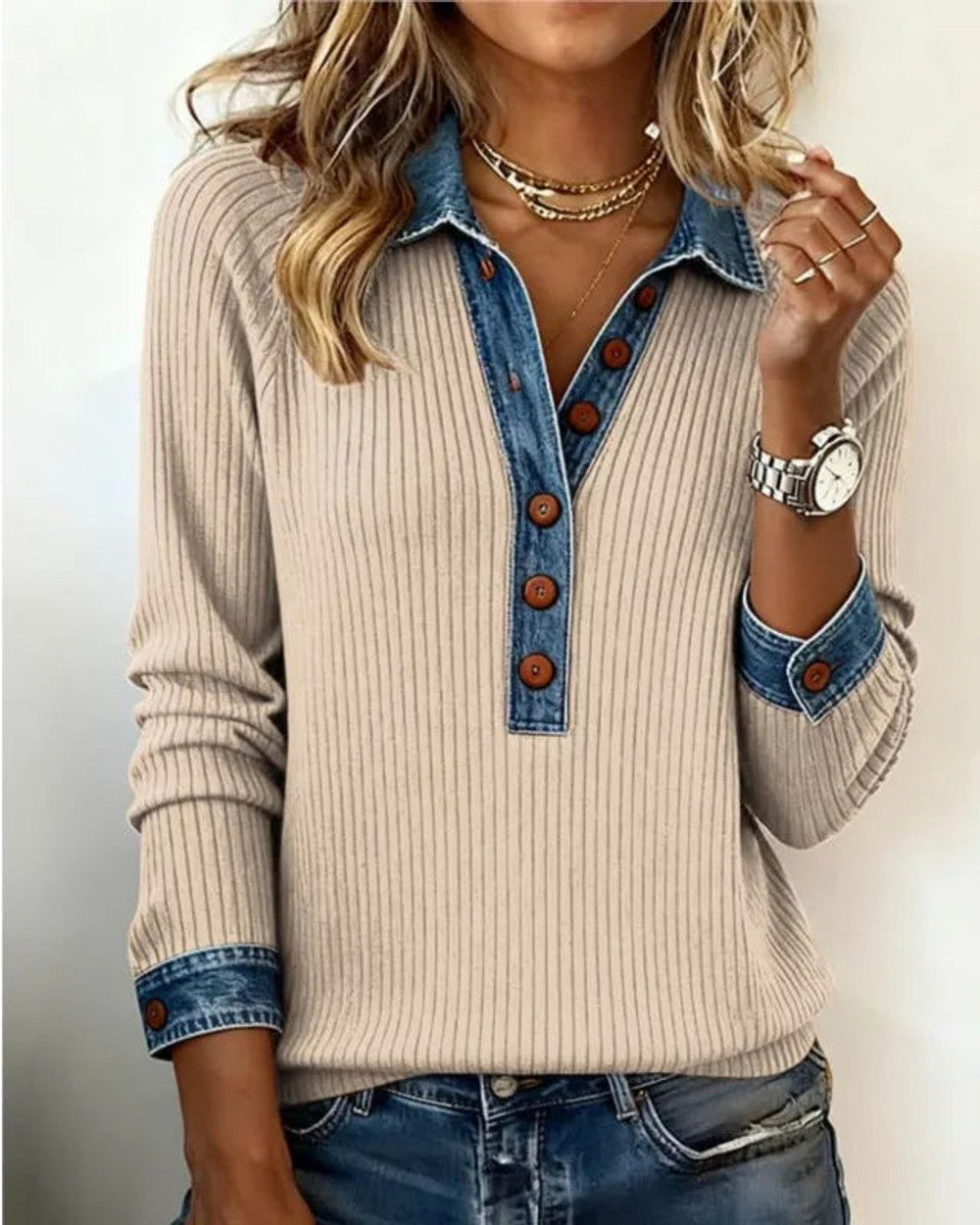 Mia Gestrickter Patchwork Strickpullover