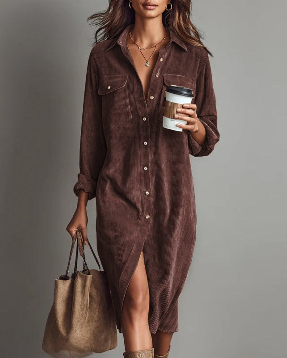 Lena Cord Midi Kleid Brusttaschen