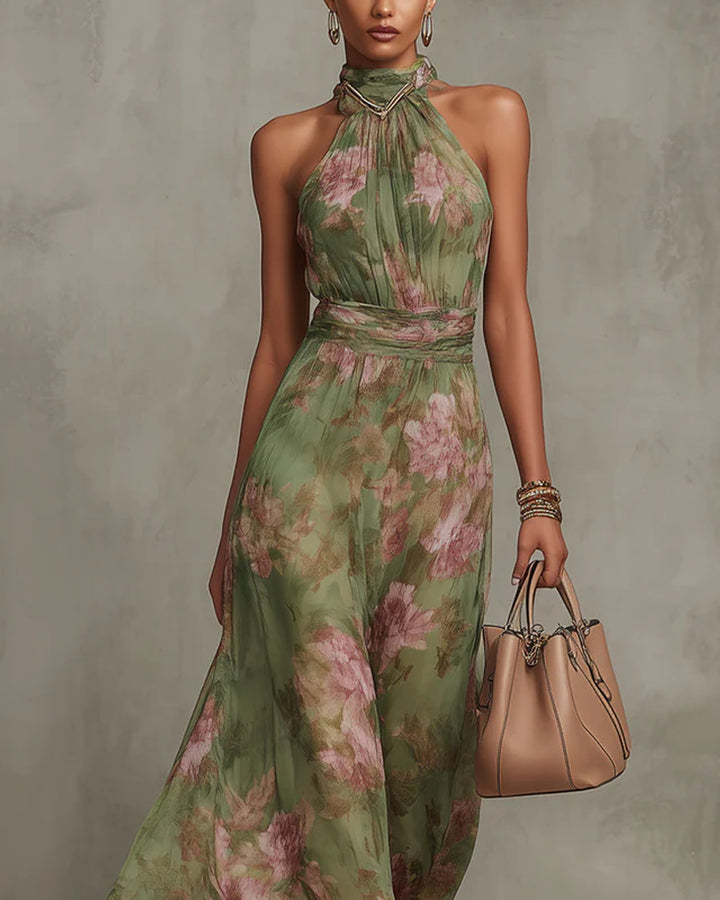 Emma Grünes Blumen Chiffon Maxikleid